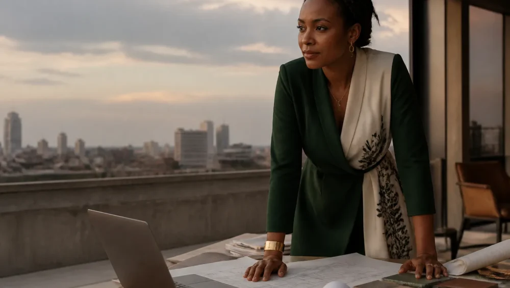 Entrepreneure congolaise travaillant sur son pitch deck dans un studio à Kinshasa, lumière de fin de journée.