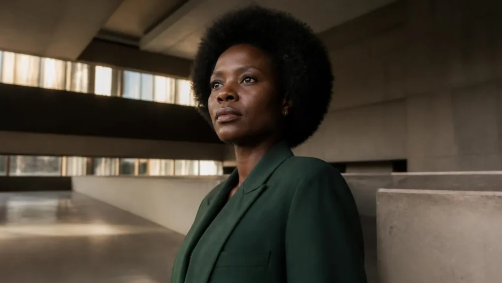 Une femme leader africaine en réflexion dans un studio à Brazzaville, incarnant un style de leadership conscient.