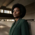 Une femme leader africaine en réflexion dans un studio à Brazzaville, incarnant un style de leadership conscient.