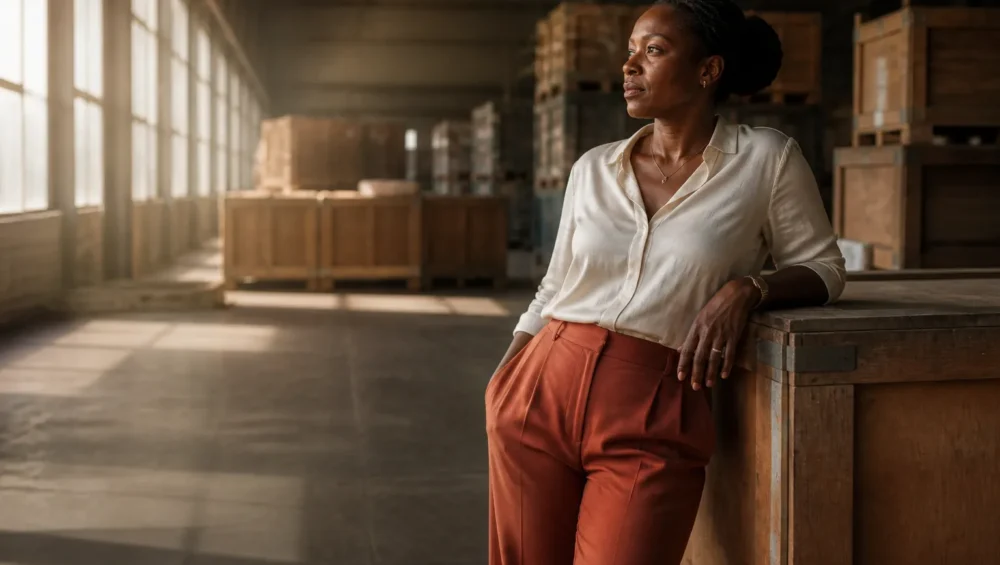Femme entrepreneure planifiant son export intra-africain sous l'accord AfCFTA dans un entrepôt moderne.