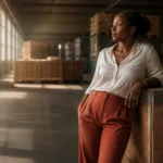 Femme entrepreneure planifiant son export intra-africain sous l'accord AfCFTA dans un entrepôt moderne.