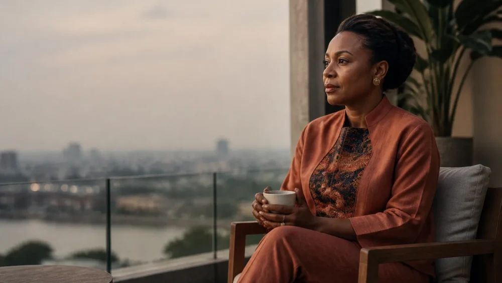 Femme entrepreneure africaine en réflexion calme pour éviter l'épuisement professionnel femmes business.