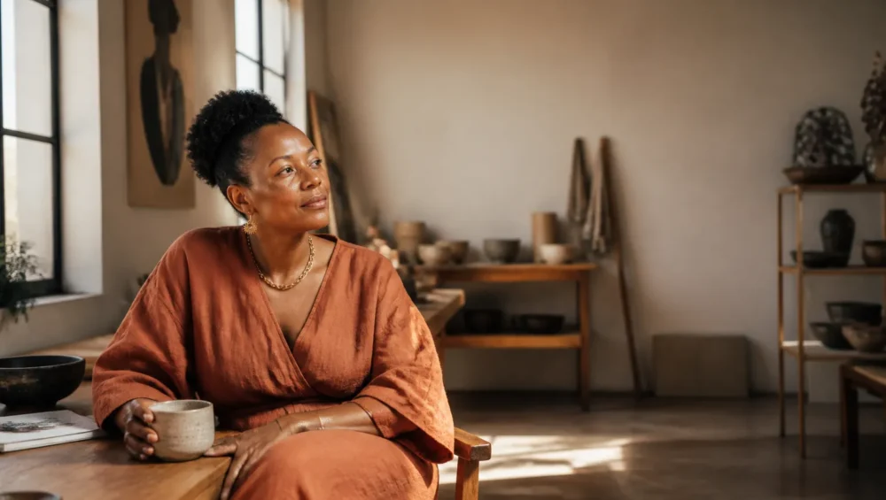 Femme leader africaine en séance de réflexion stratégique pour son personal branding premium.
