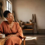 Femme leader africaine en séance de réflexion stratégique pour son personal branding premium.