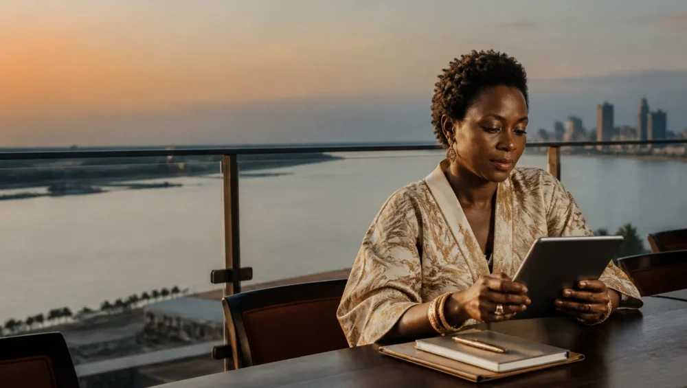 Une entrepreneure congolaise utilisant une tablette pour sa stratégie croissance PME Congo à Kinshasa.