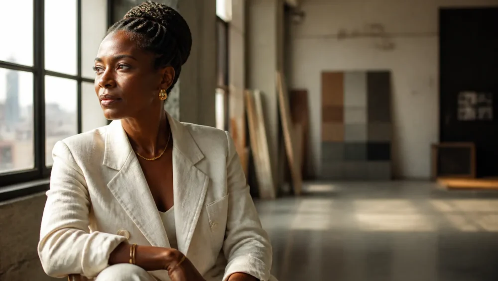 Entrepreneure africaine dans son bureau à Kinshasa réfléchissant à son investissement participatif féminin.