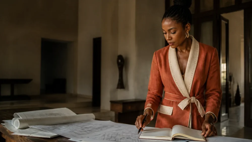 Entrepreneure à Douala analysant sa stratégie de développement business en Afrique Centrale dans un cadre élégant.