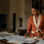 Entrepreneure à Douala analysant sa stratégie de développement business en Afrique Centrale dans un cadre élégant.