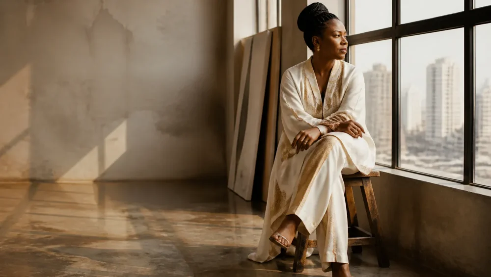 Portrait éditorial d'une entrepreneure à Douala réfléchissant aux mécanismes de financement structuré pour sa PME.