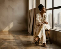 Portrait éditorial d'une entrepreneure à Douala réfléchissant aux mécanismes de financement structuré pour sa PME.