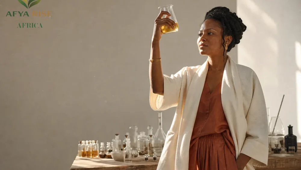 Entrepreneure en cosmétique analysant des ingrédients naturels actifs dans un laboratoire moderne à Dakar.