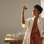 Entrepreneure en cosmétique analysant des ingrédients naturels actifs dans un laboratoire moderne à Dakar.