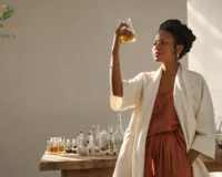 Entrepreneure en cosmétique analysant des ingrédients naturels actifs dans un laboratoire moderne à Dakar.