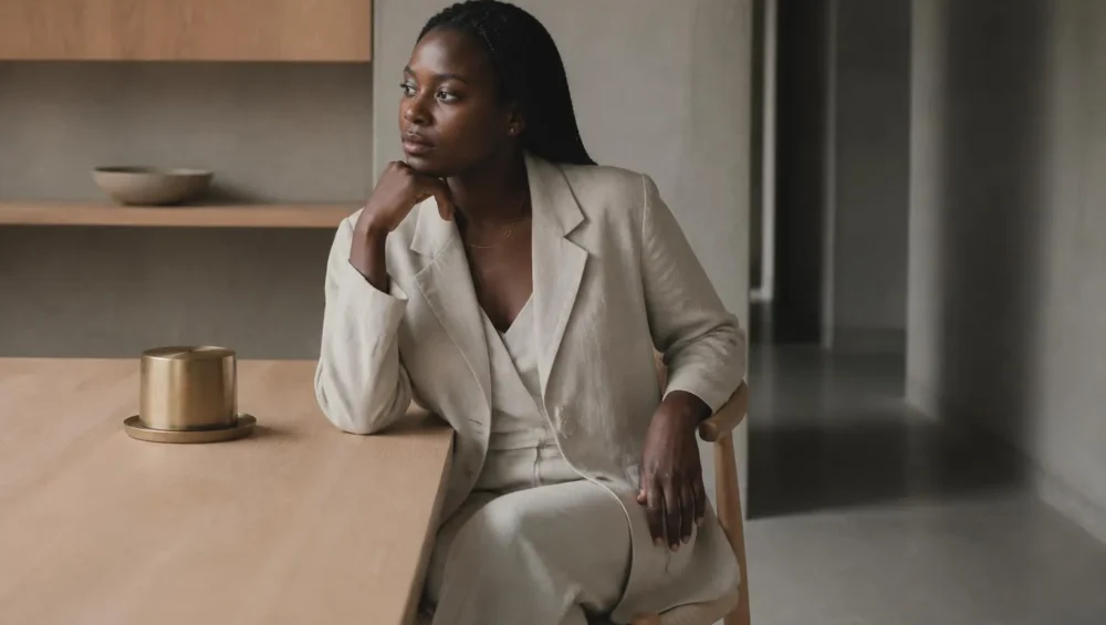 Fondatrice congolaise assise dans un intérieur minimaliste à Kinshasa, lumière naturelle douce