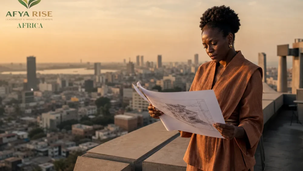 Femme entrepreneure supervisant un projet d'investissement sécurisé en RDC depuis un rooftop à Kinshasa.