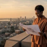 Femme entrepreneure supervisant un projet d'investissement sécurisé en RDC depuis un rooftop à Kinshasa.