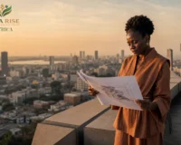 Femme entrepreneure supervisant un projet d'investissement sécurisé en RDC depuis un rooftop à Kinshasa.