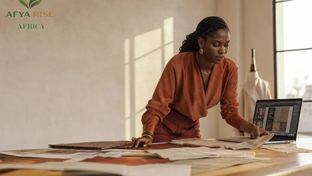 Jeune entrepreneure africaine en plein travail dans son studio, illustrant le système D entrepreneurial et la créativité.