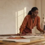 Jeune entrepreneure africaine en plein travail dans son studio, illustrant le système D entrepreneurial et la créativité.