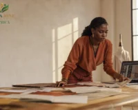 Jeune entrepreneure africaine en plein travail dans son studio, illustrant le système D entrepreneurial et la créativité.