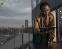 Femme fondatrice tech Afrique analysant des données IA sur une terrasse à Nairobi au crépuscule.