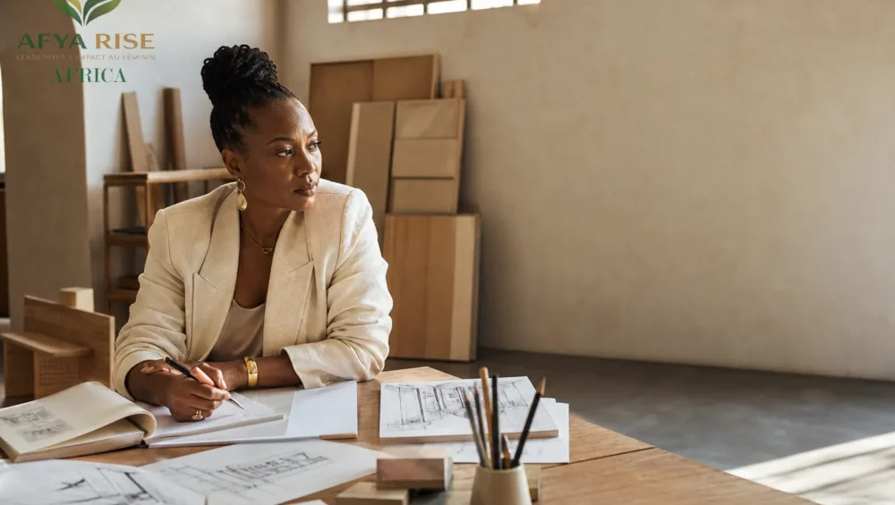 Entrepreneure africaine réfléchie dans son studio à Kinshasa, illustrant le leadership et la réussite.