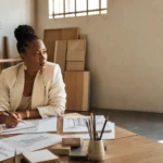 Entrepreneure africaine réfléchie dans son studio à Kinshasa, illustrant le leadership et la réussite.