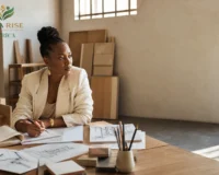 Entrepreneure africaine réfléchie dans son studio à Kinshasa, illustrant le leadership et la réussite.