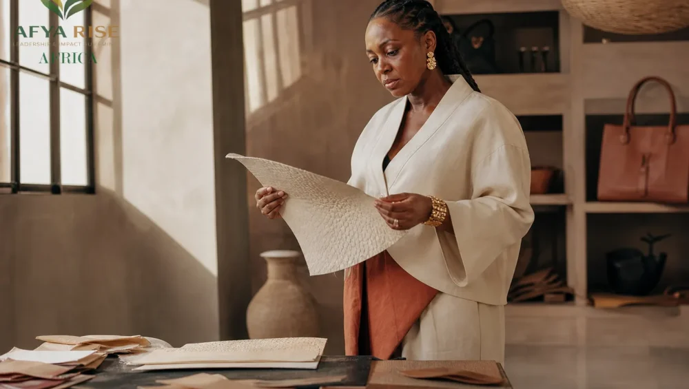 Créatrice ivoirienne travaillant le cuir d'ananas pour l'artisanat contemporain Afrique à Abidjan.