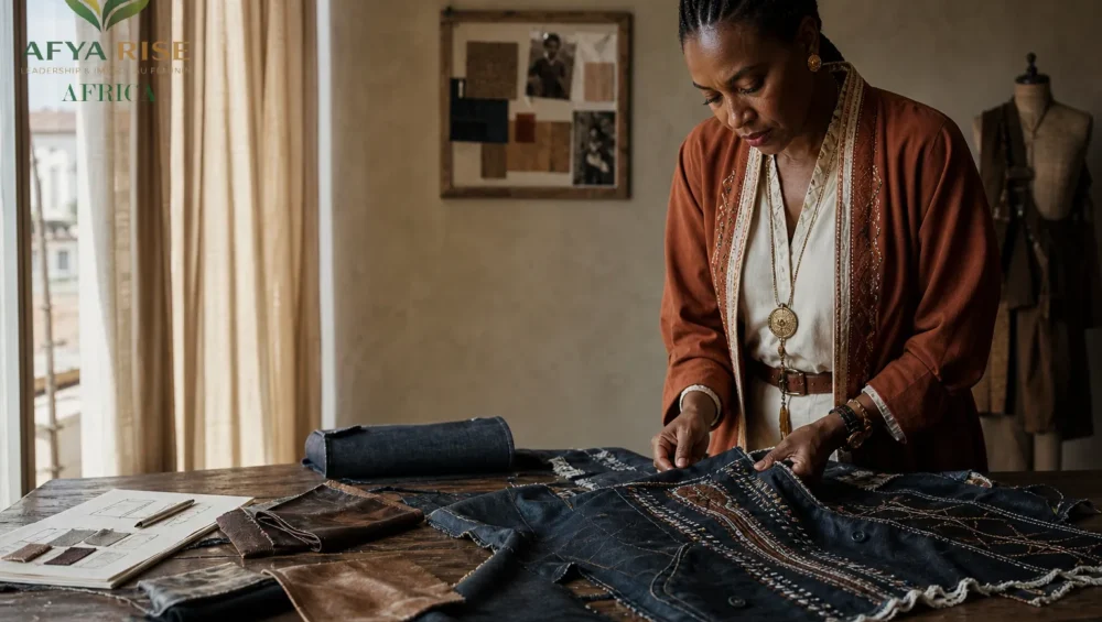 Créatrice mode africaine travaillant sur une pièce en denim upcyclé dans un studio de luxe à Dakar.
