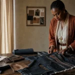 Créatrice mode africaine travaillant sur une pièce en denim upcyclé dans un studio de luxe à Dakar.