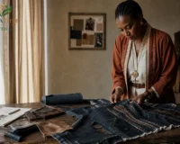 Créatrice mode africaine travaillant sur une pièce en denim upcyclé dans un studio de luxe à Dakar.