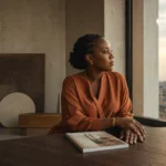 Entrepreneure à Kinshasa réfléchissant aux mécanismes de garantie bancaire pour son entreprise.