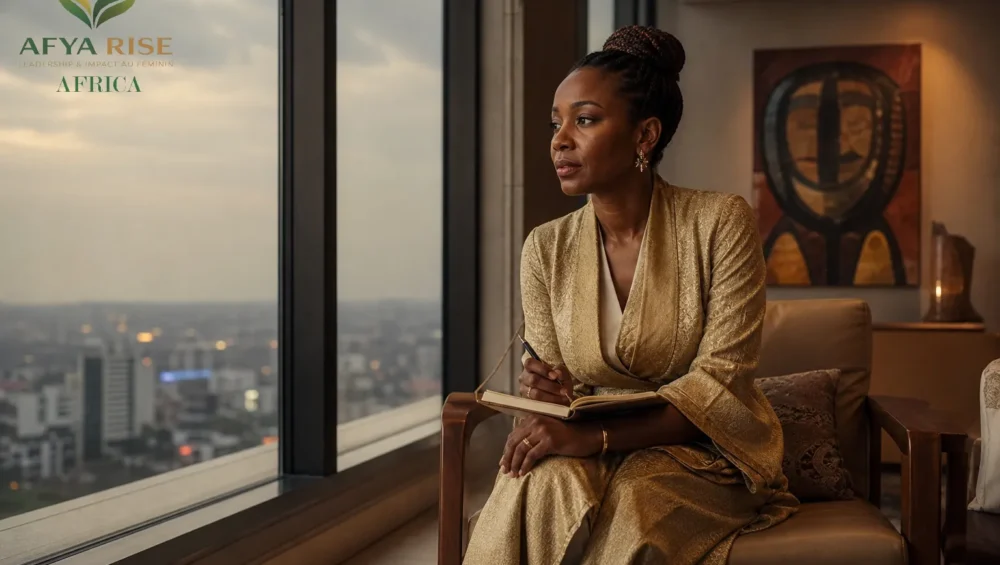 Dirigeante congolaise en réflexion stratégique, illustrant le business coaching à Kinshasa et le leadership féminin.