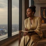 Dirigeante congolaise en réflexion stratégique, illustrant le business coaching à Kinshasa et le leadership féminin.